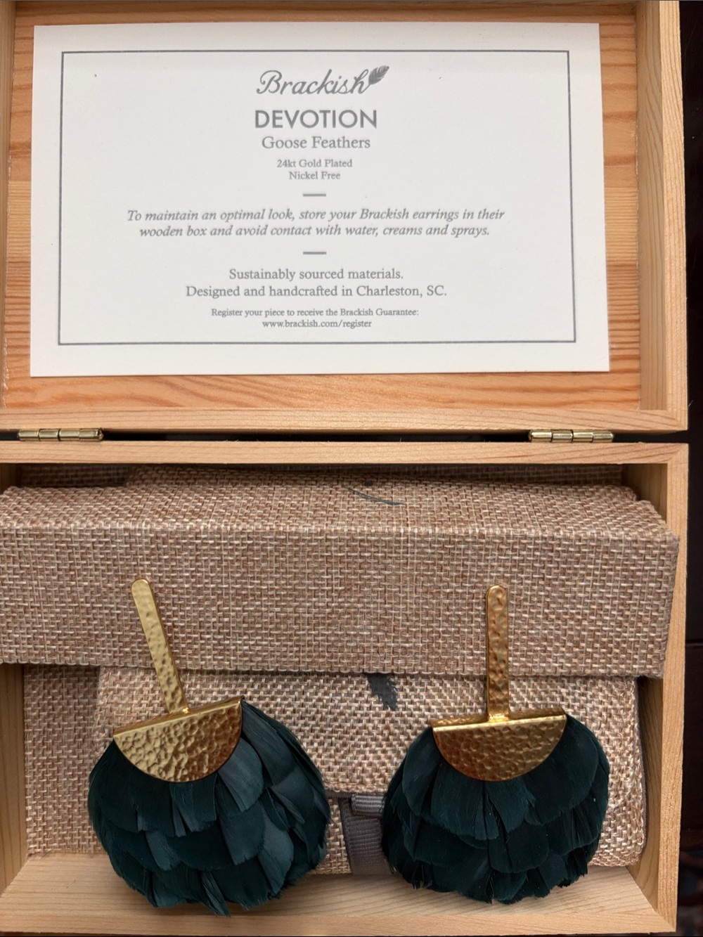 Devotion Dark Green Feather Drop Earrings with 24k Gold Plating